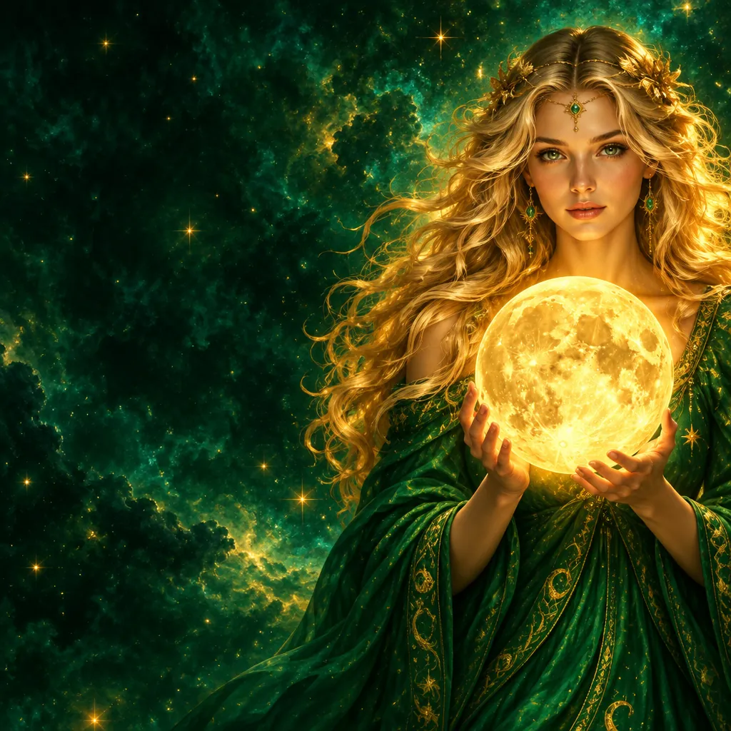 A blonde woman in an emerald gown holding a glowing moon against a starry sky