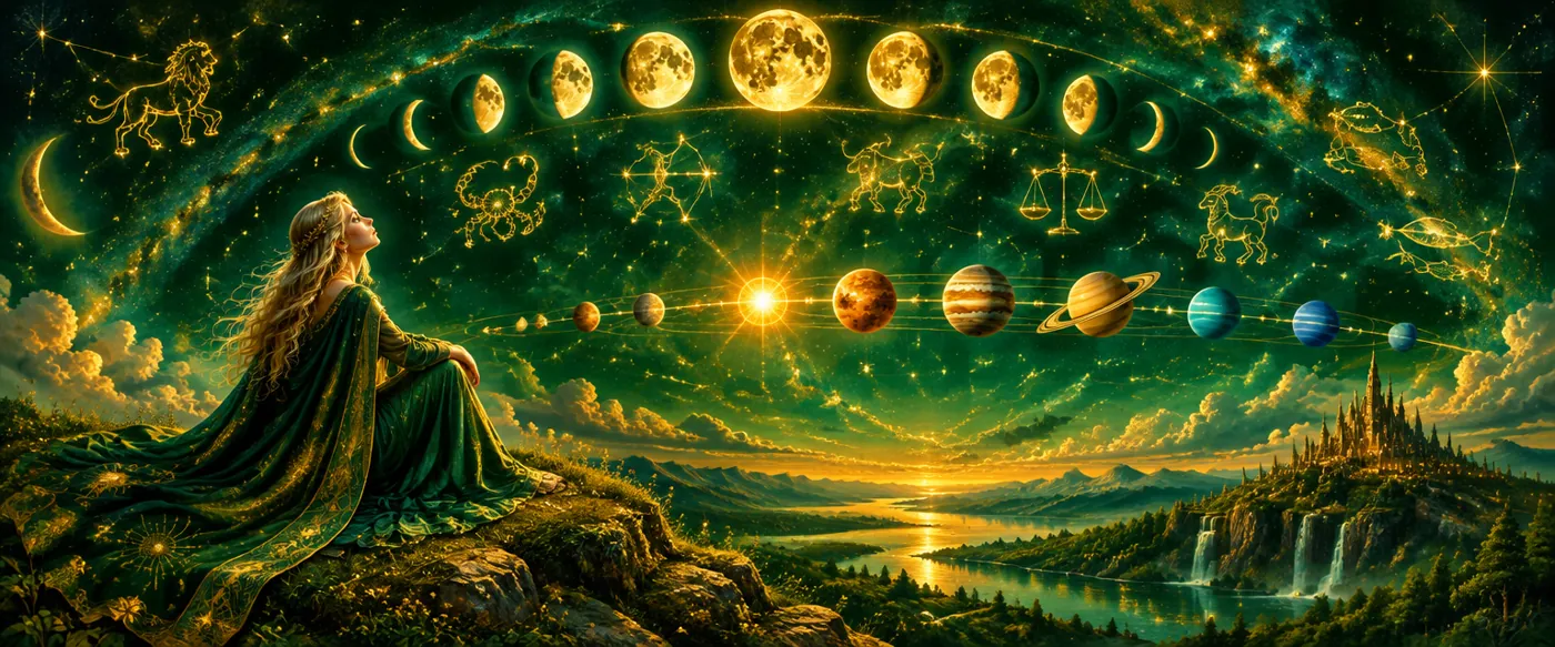 Mesečno nebo — lunine mene, planeti in zodiacna znamenja nad pokrajino