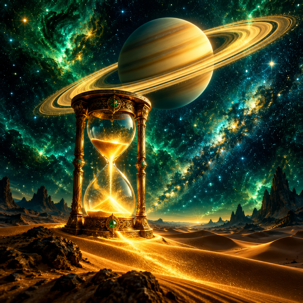 Saturn z zlatimi obroči nad zlato peščeno uro