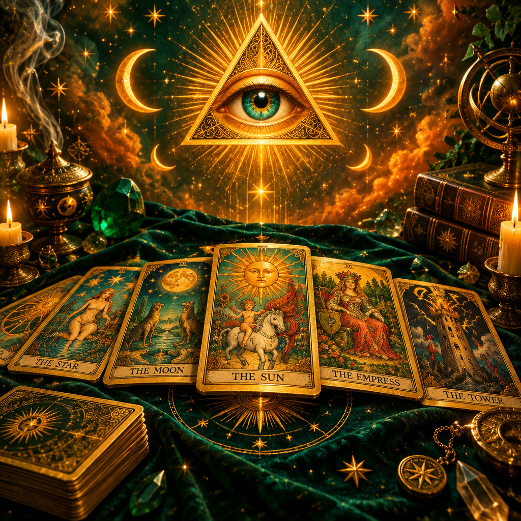 Razporejene tarot karte, vsevidno oko in lune v zlato-oranžnem siju