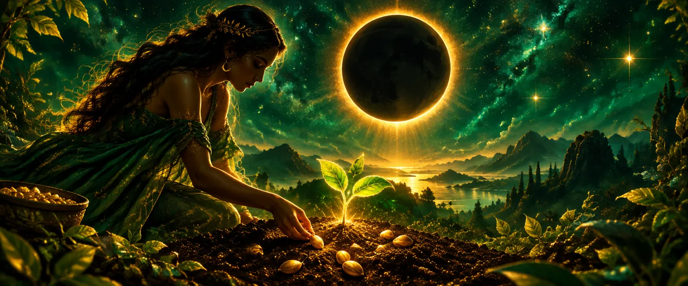 Mlaj — temna luna v zlatem sijaju nad kaljočim semenom