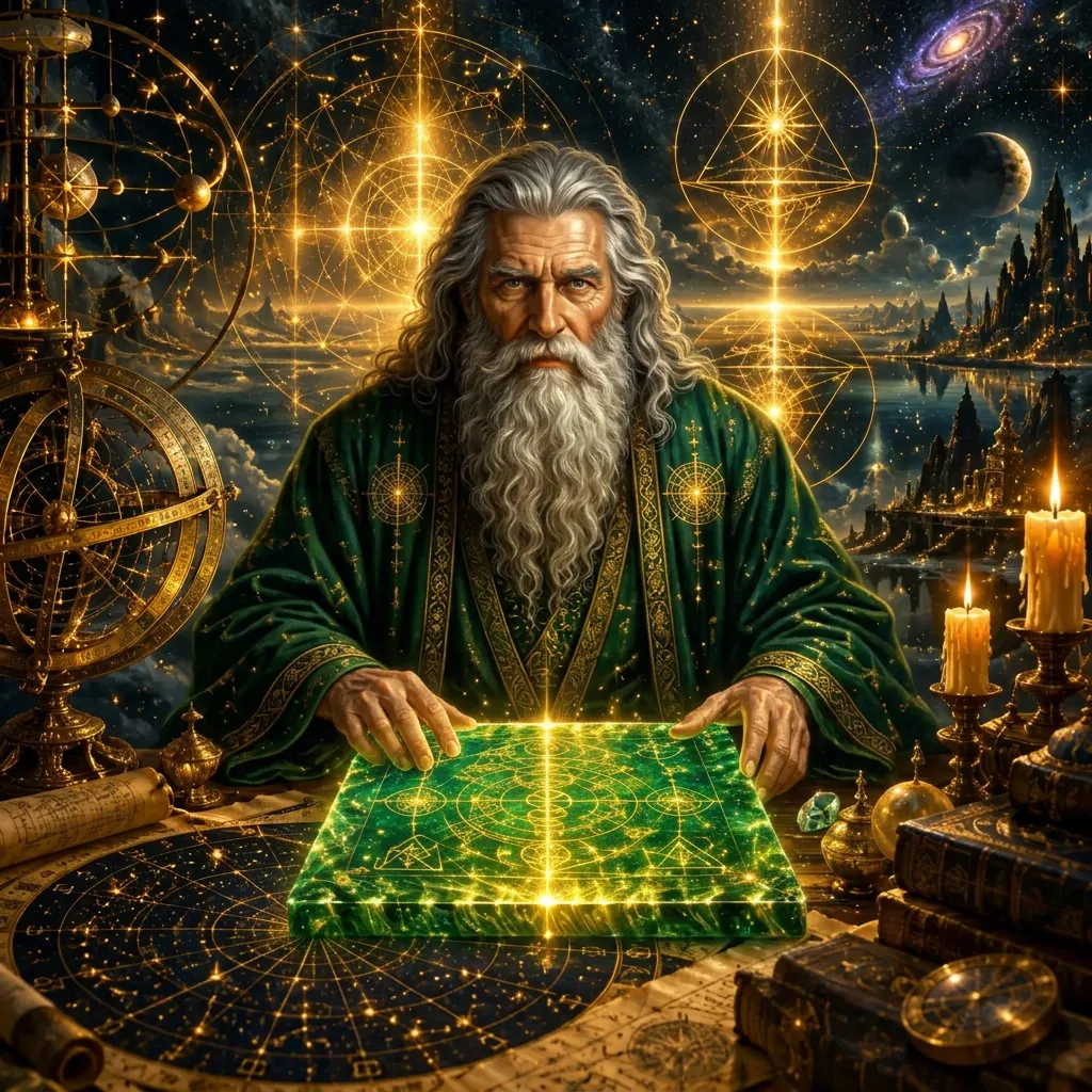 A sage in a green robe studies an emerald tablet and star charts