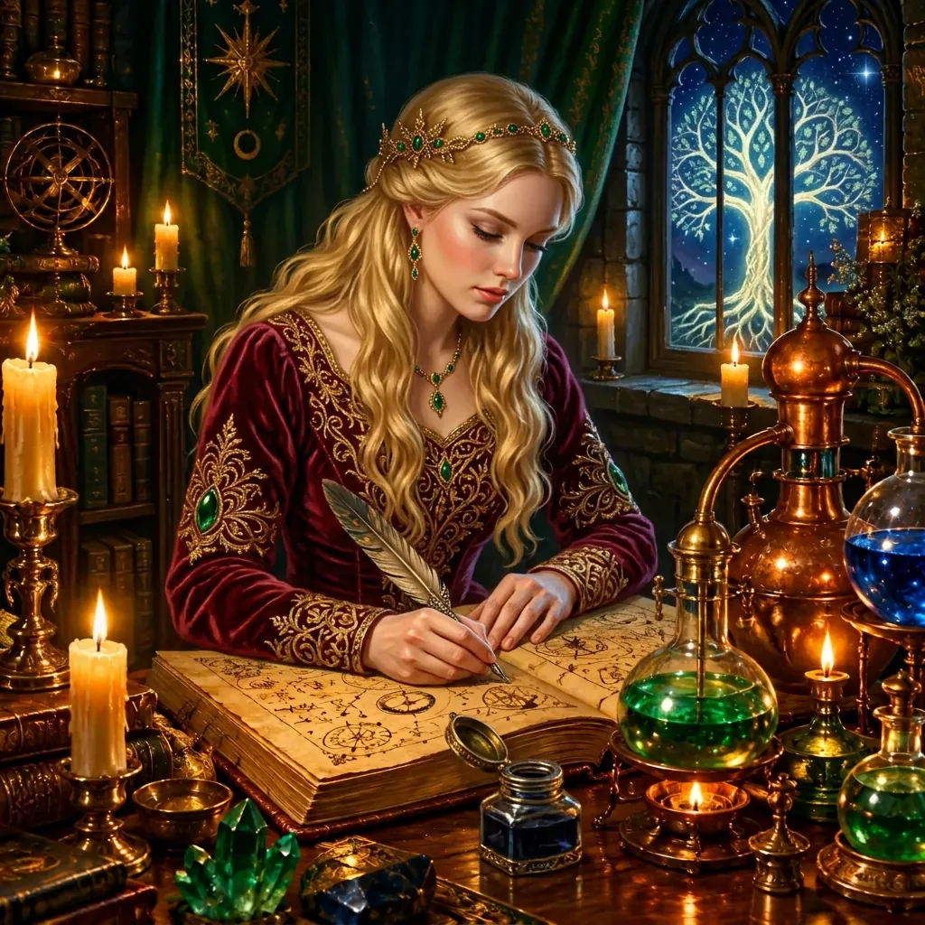 A blonde alchemist in a red dress writes golden alchemical formulas in an ancient book beside candles and glowing vessels, with the Tree of Life in the window