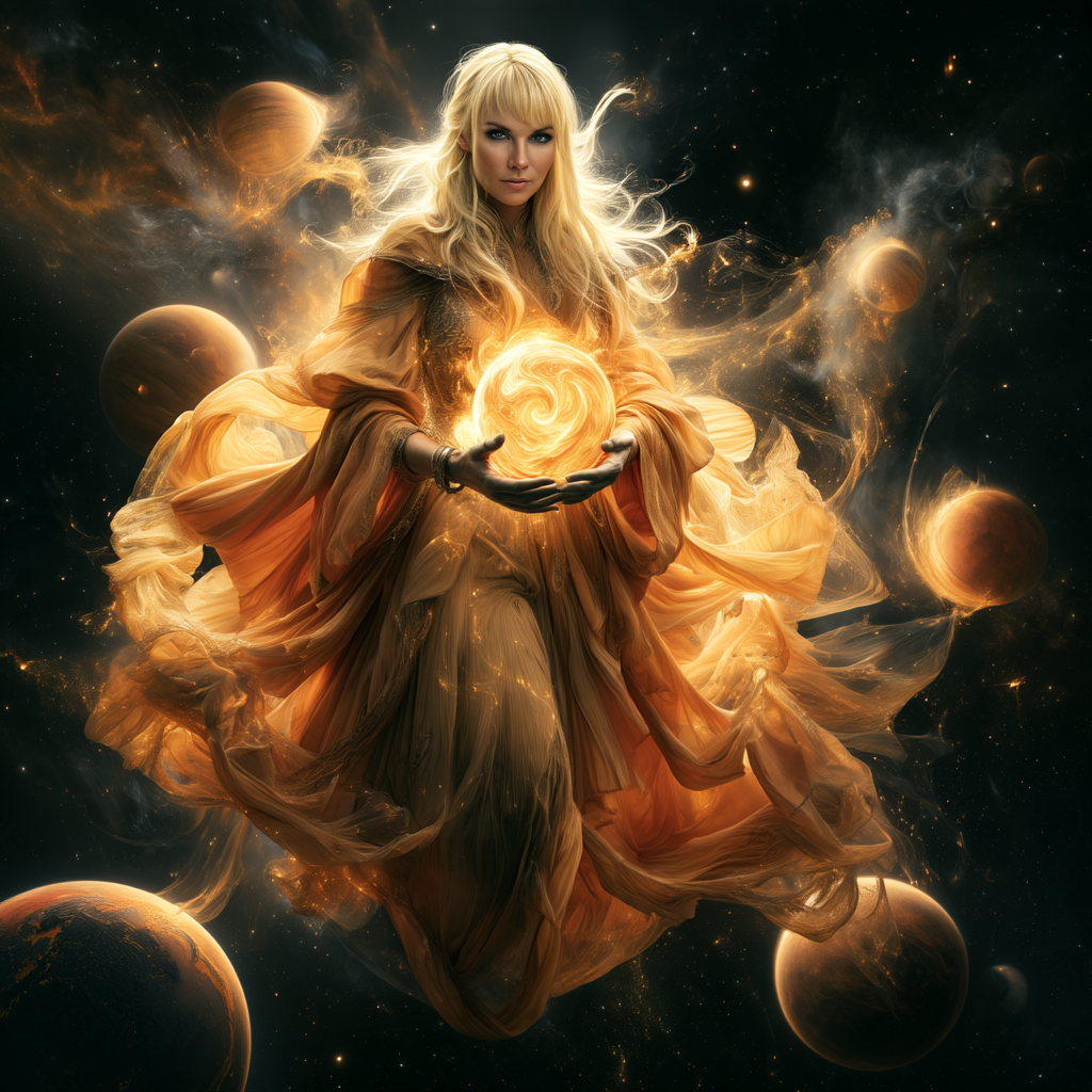 Magična Klara med planeti z žarečo zlato kroglo