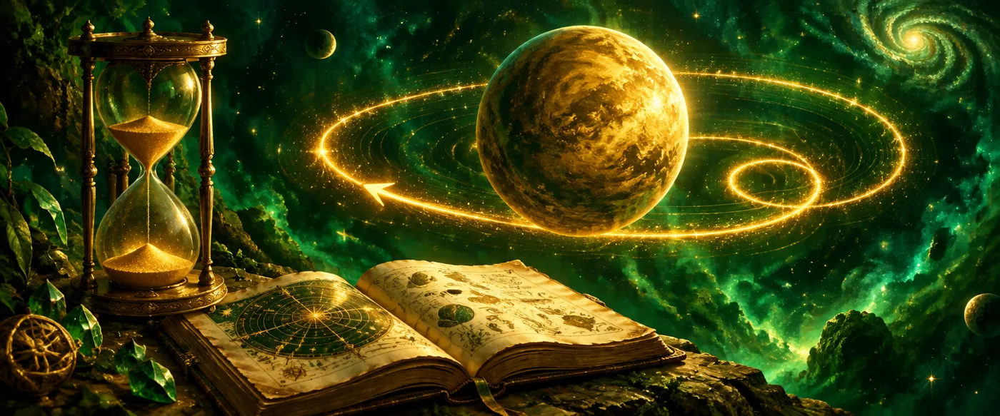 Planet z zlato retrogradno spiralo, peščena ura in odprti dnevnik