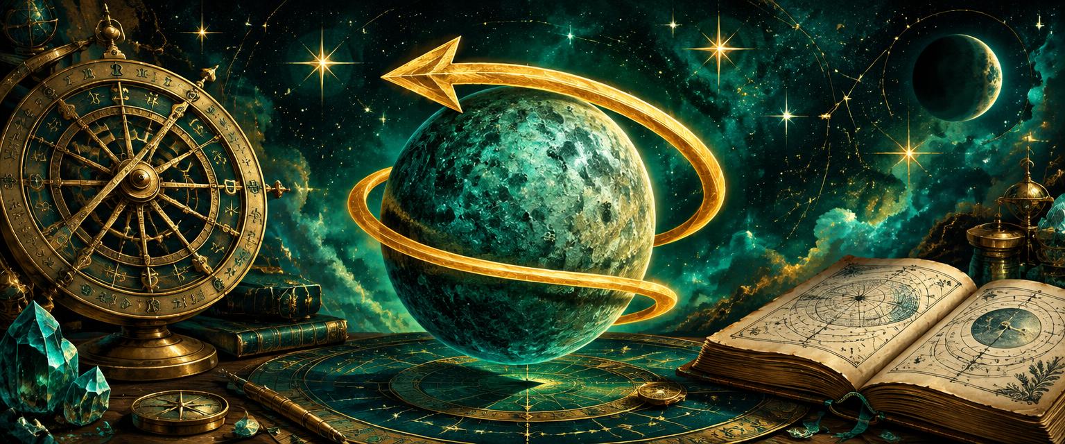 Modrozeleni Merkur z zlato retrogradno spiralo in astrolabom