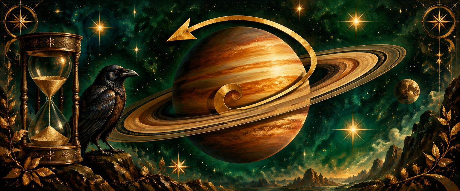 Jantarni Saturn z obroči, zlato retrogradno spiralo, vrana in peščena ura