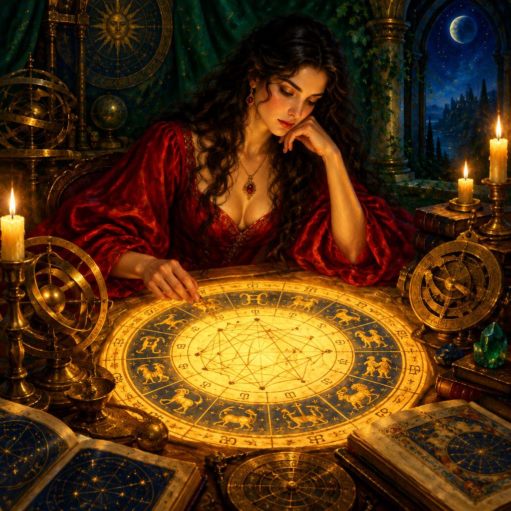 Astrologinja preučuje žarečo rojstno karto z zlatimi zodiakalnimi simboli