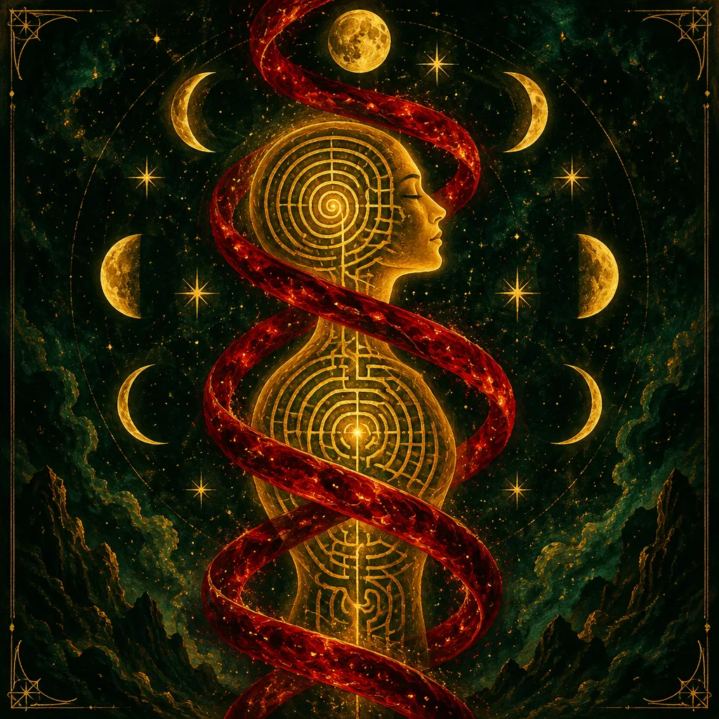 Golden astrological symbols and archetypes against an emerald sky