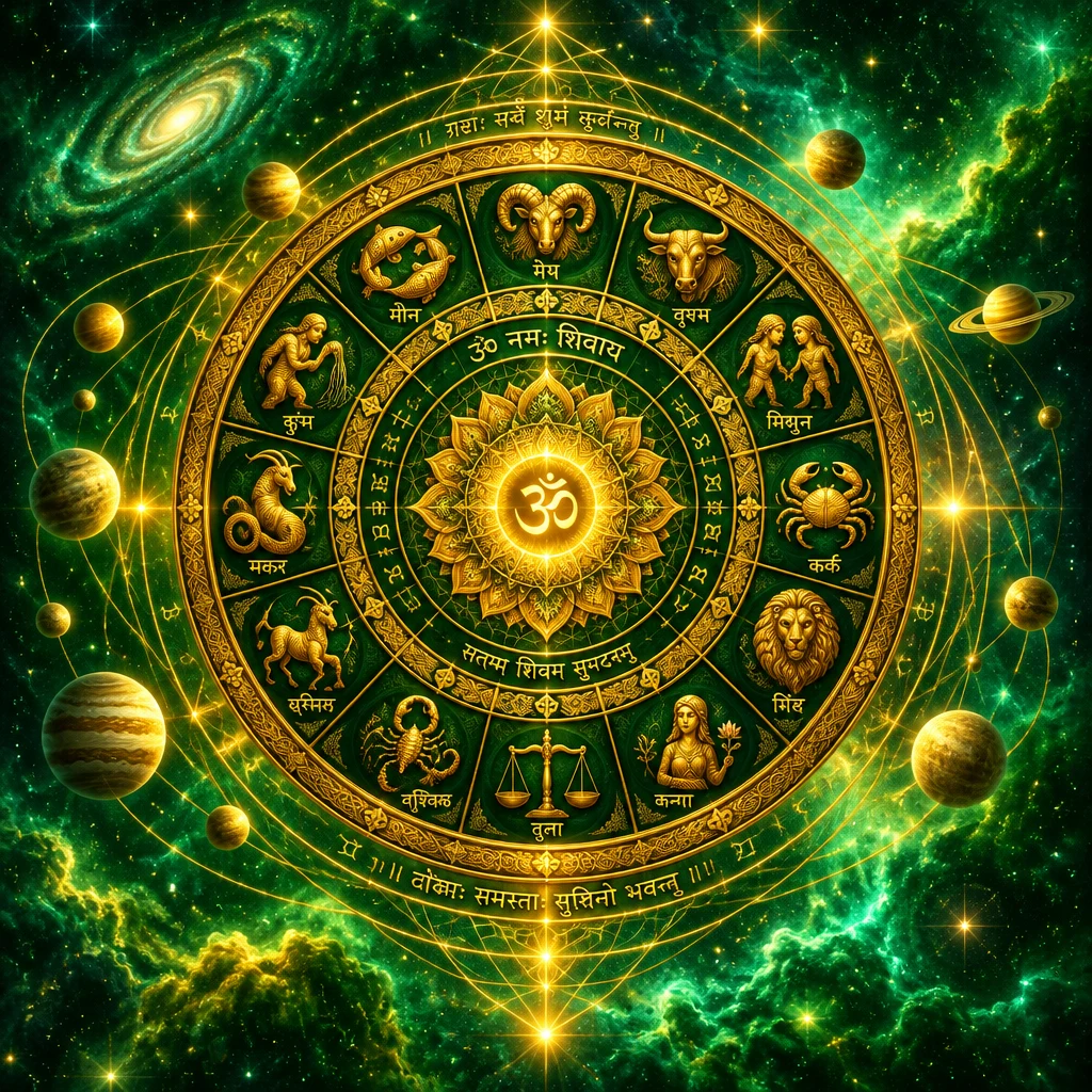 Zlat zodiakalni krog v smaragdnem nebu