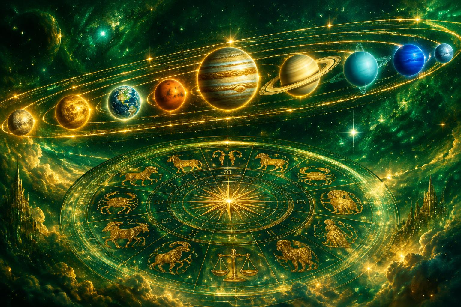 Devet svetlečih planetov potuje po zlatih orbitah nad svetlečim zodiakalnim krogom