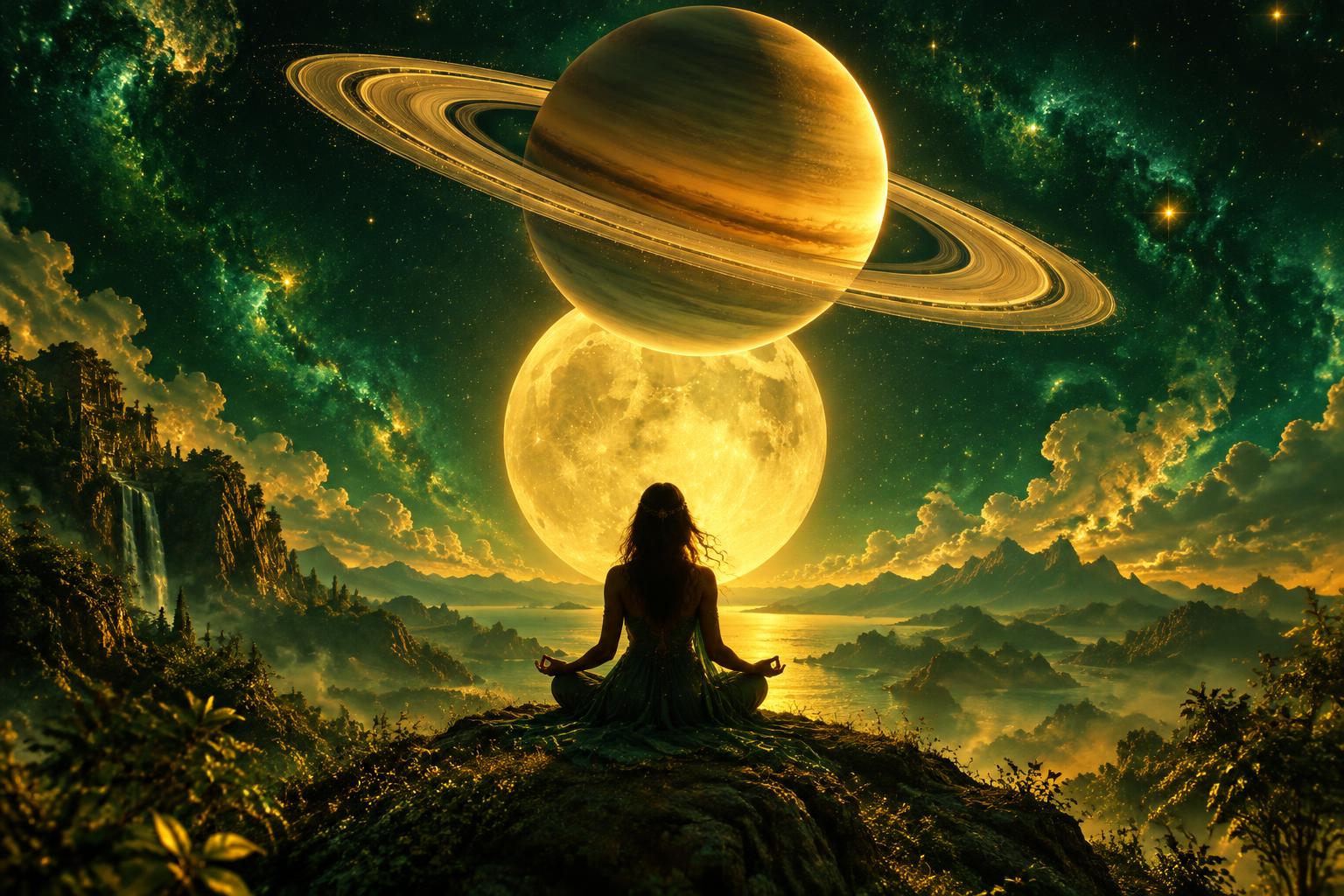Velik zlati Saturn z obroči nad svetlečo polno luno, spodaj meditira ženska na griču